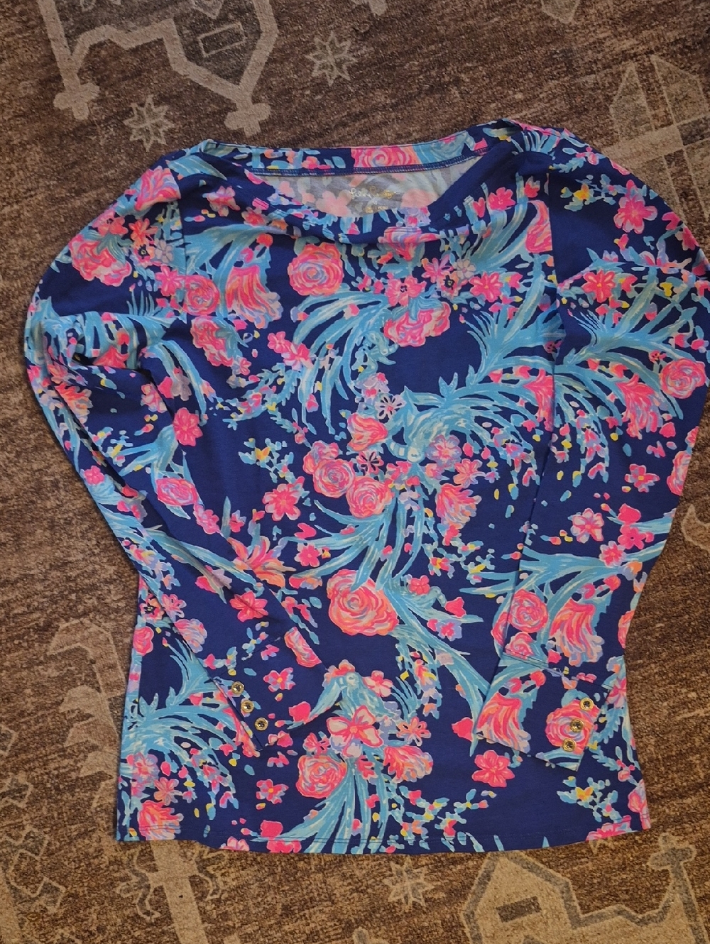 Lilly Pulitzer Navy Floral Scoop Neck Top with Pink & Aqua Print